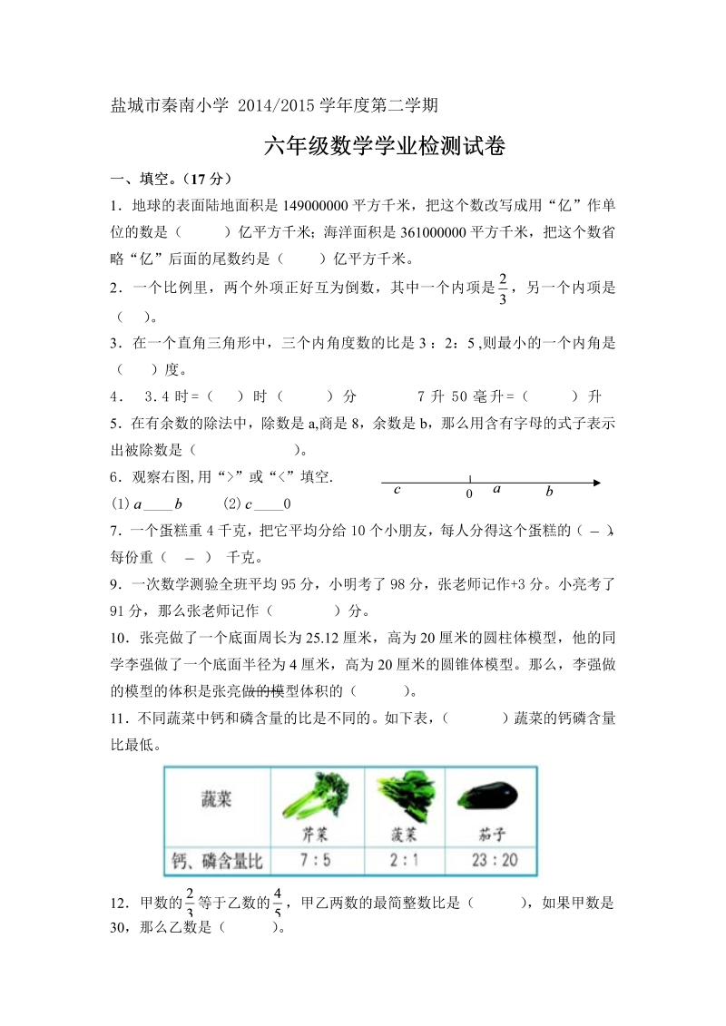 小升初真题演练盐城市秦南小学 六年级数学学业检测试卷