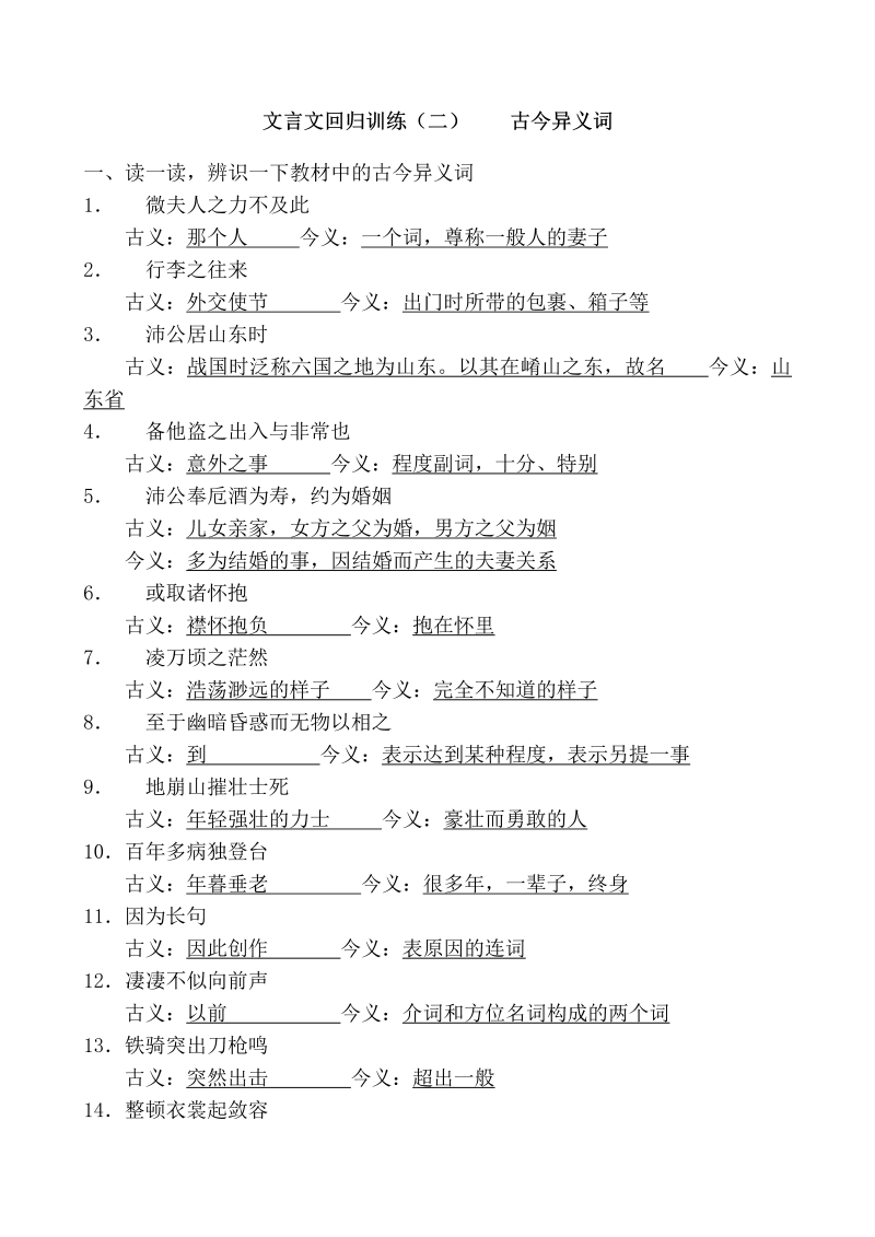 高考语文专项复习【山东省实验中学高考专项复习】文言文古今异义词训练