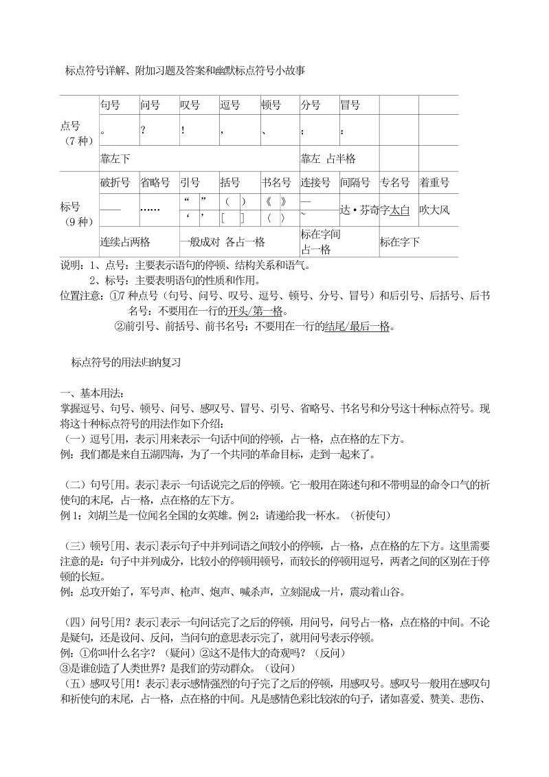 七年级语文上册标点符号详解、附加习题及答案和幽默标点符号小故事