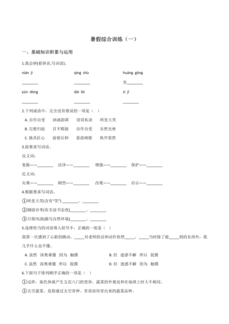 小学语文 五年级下册试题--暑假综合训练（一） 人教新课标 含答案