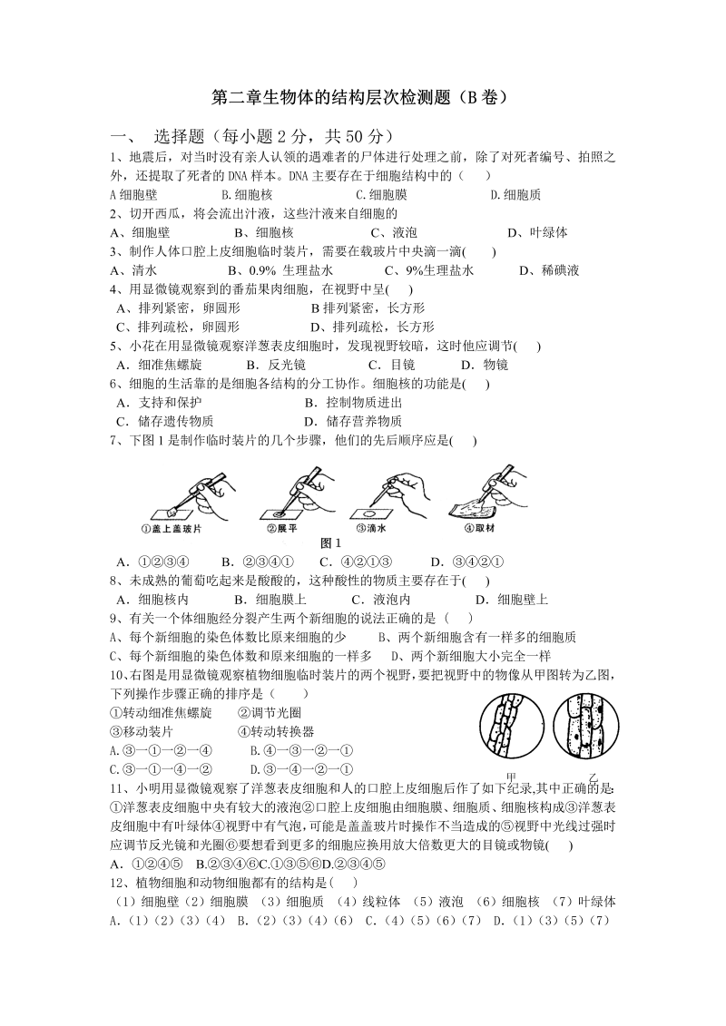 七年级生物上册测试卷《第二单元：生物体的结构层次》