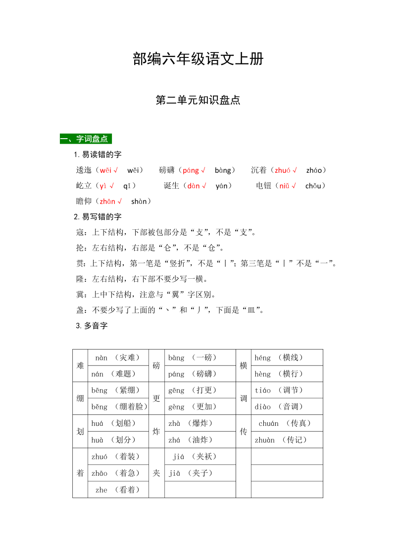 小学语文 【热点难点一网打尽】部编版六年级上册第二单元知识点汇总（含字词、佳句、感知、考点）