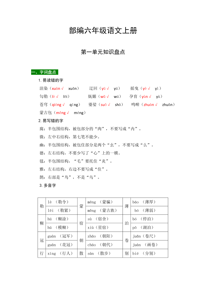 小学语文 【热点难点一网打尽】部编版六年级上册第一单元知识点汇总（含字词、佳句、感知、考点）