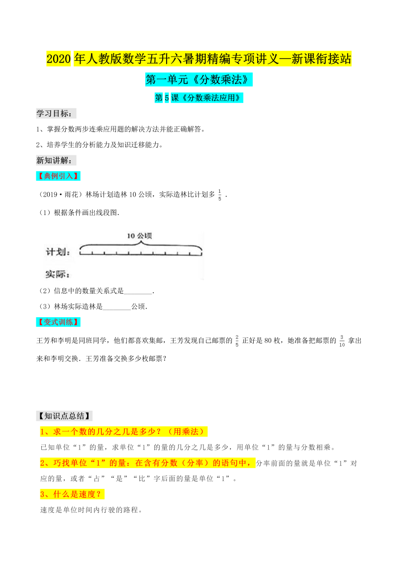 小学数学 五升六 分数乘法应用（原卷版）人教版