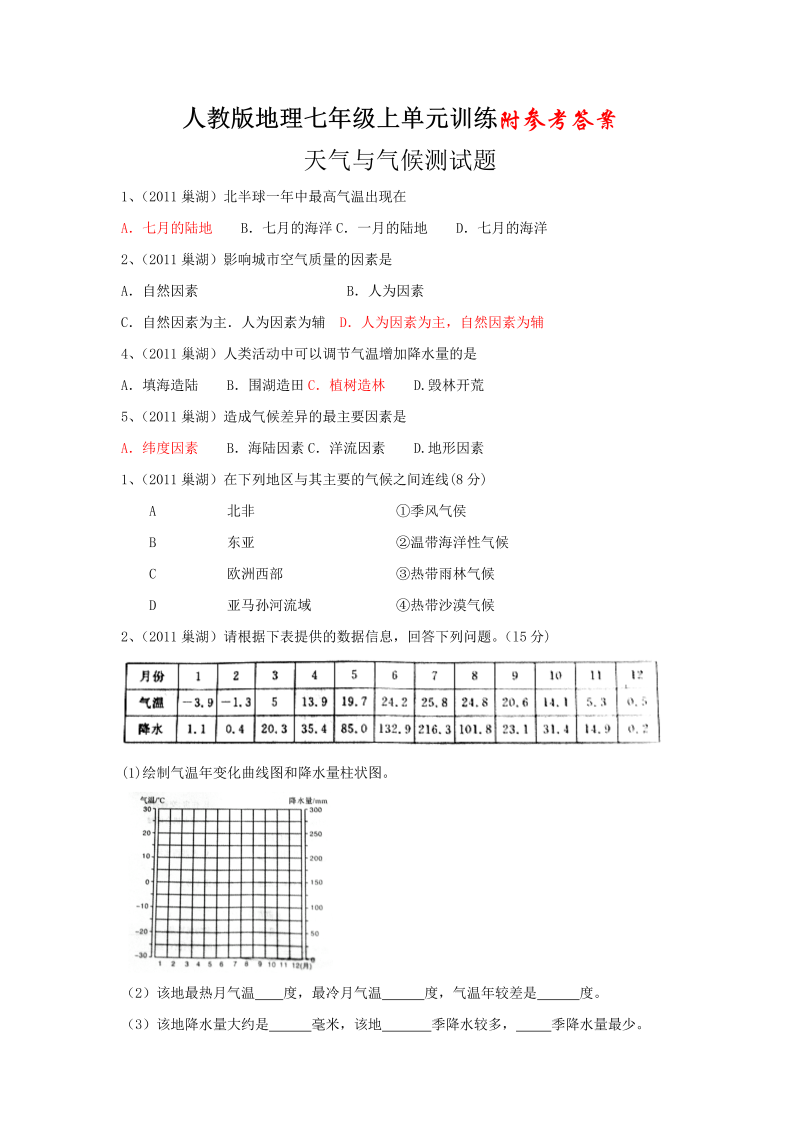 七年级地理上册《第三章：天气与气候》单元检测试卷