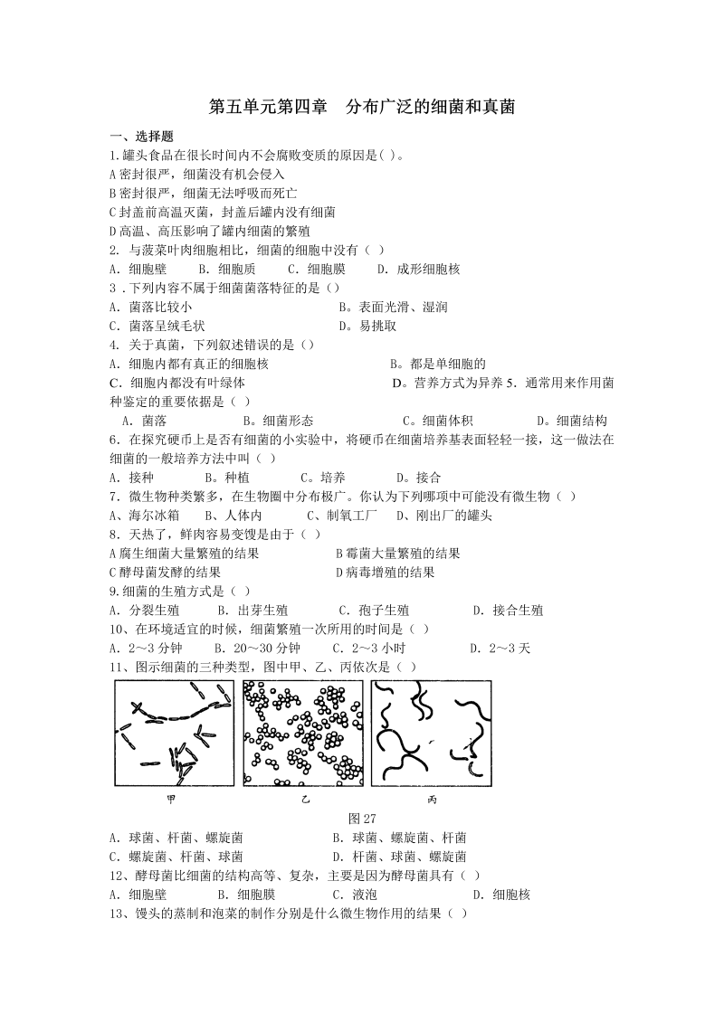 八年级生物上册《第四章：细菌和真菌》单元测试题