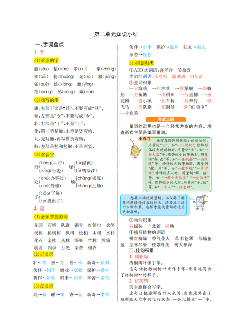 一年级语文上册第二单元知识小结