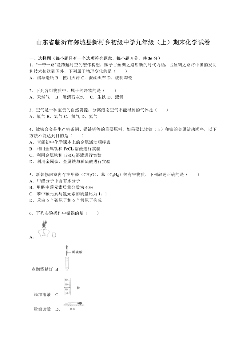 九年级化学上册山东省临沂市郯城县新村乡初级中学期末化学试卷（解析版）