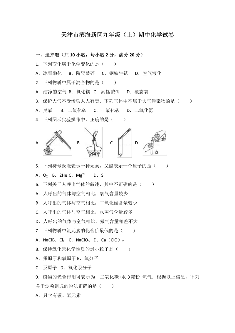 九年级化学上册天津市滨海新区期中化学试卷（word版含答案解析）