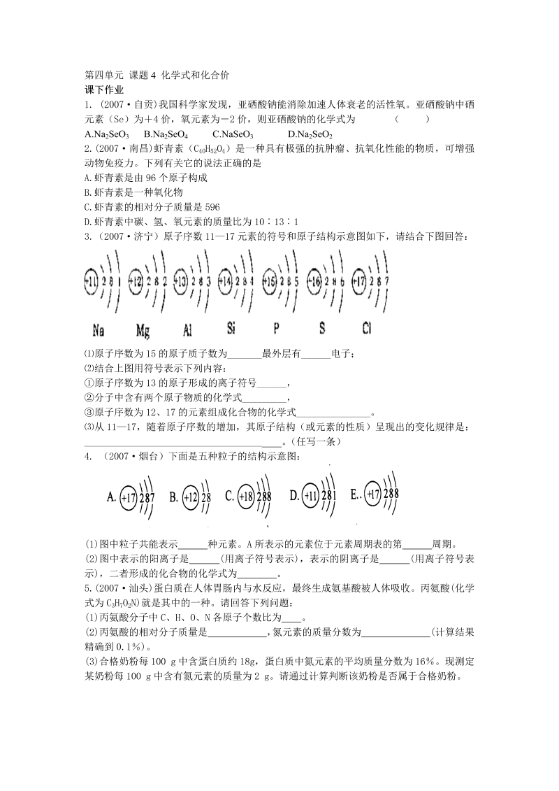 九年级化学上册 同步课下作业 44化学式和化合价