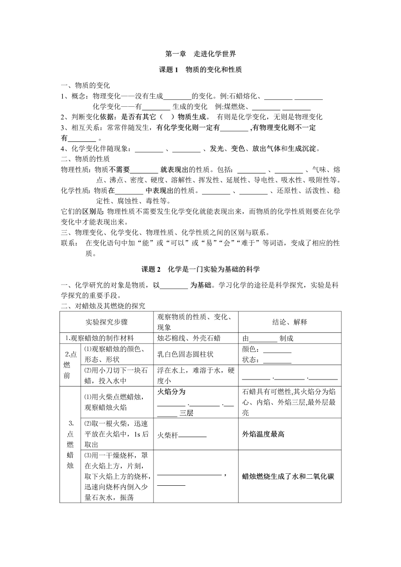 九年级化学上册人教版第1单元《走进化学世界》知识点总结（3课题）