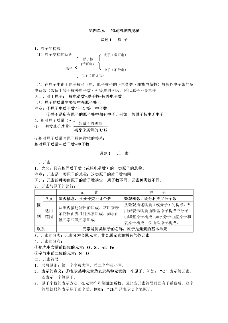 九年级化学上册人教版第3单元《物质构成的奥秘》知识点总结（4课题）