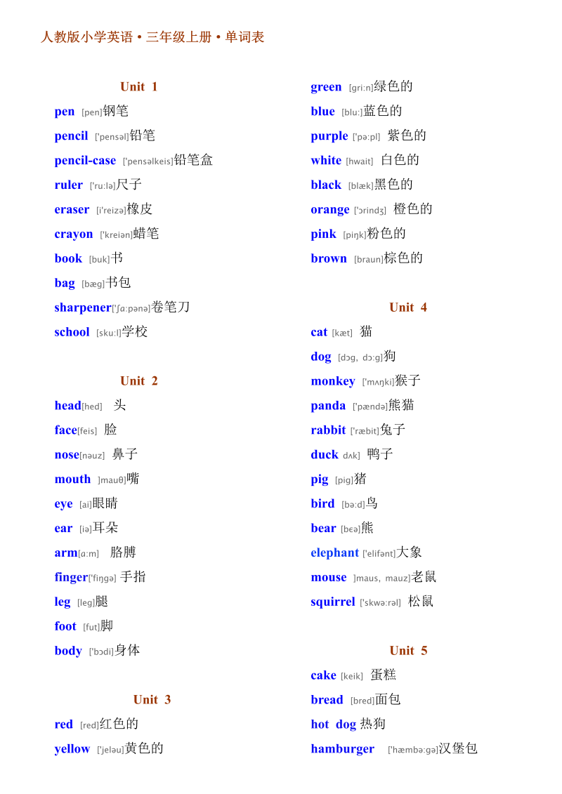 三年级英语上册人教版PEP小学英语三年级·单词表(带有音标)