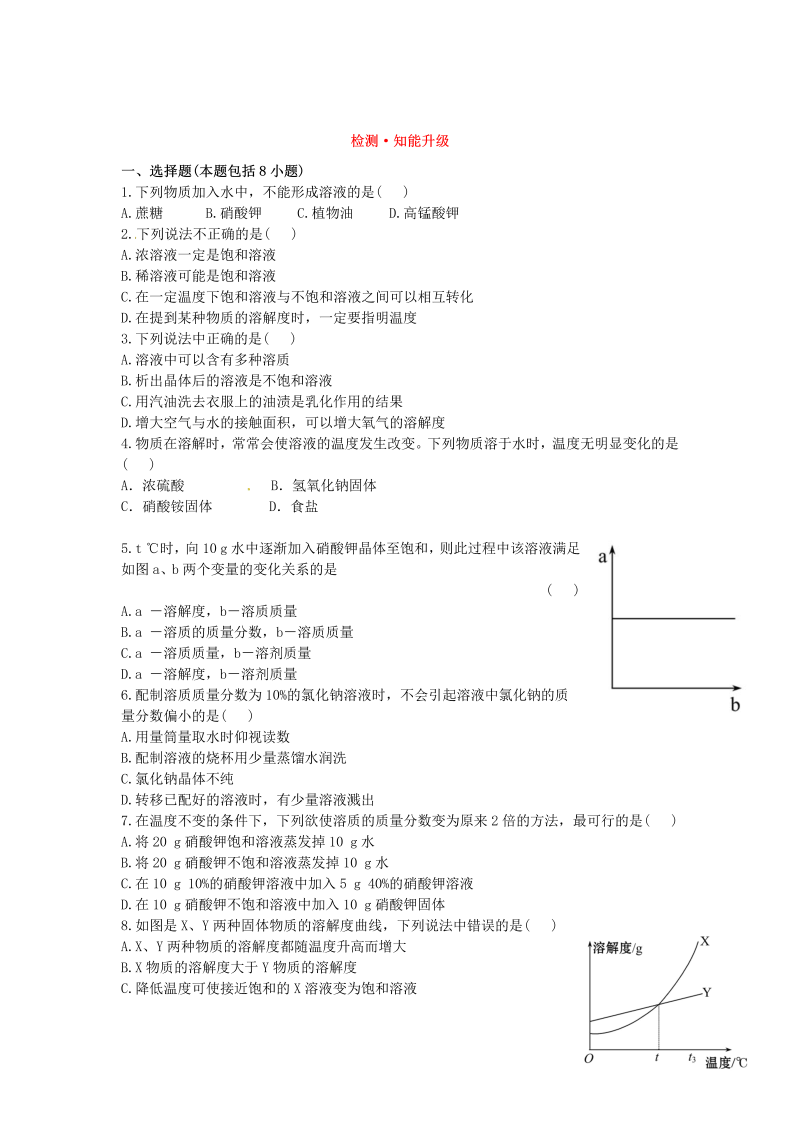 九年级化学下册人教版第9单元 溶液 检测•知能升级