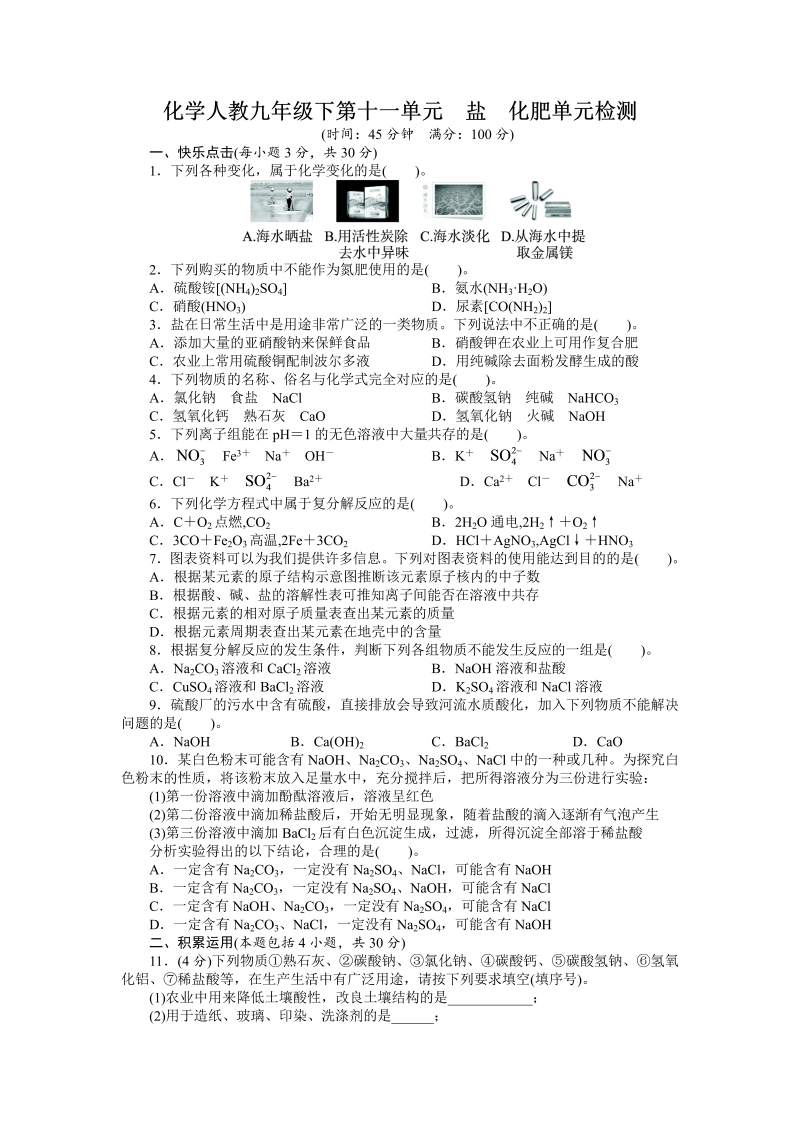 九年级化学下册人教版第11单元 盐 化肥 单元检测