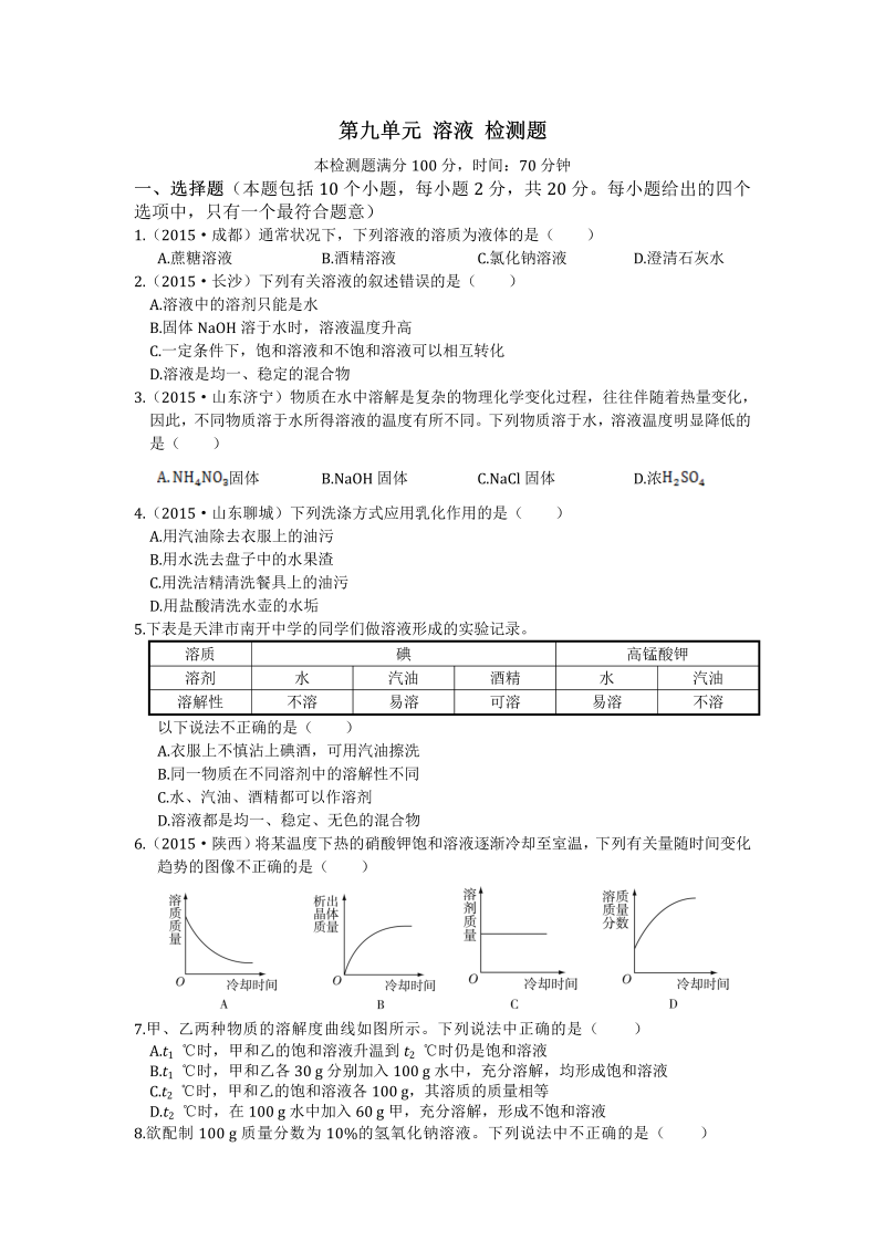 九年级化学下册人教版第九单元溶液检测题附答案解析