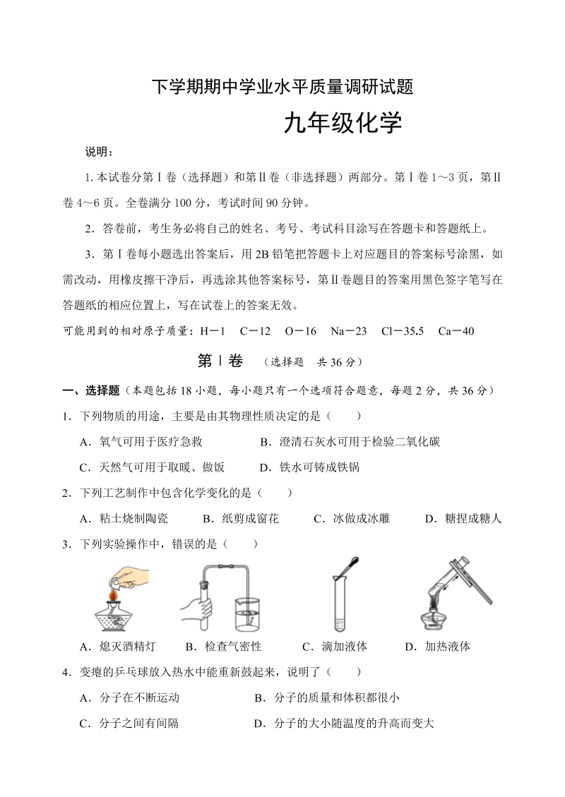  九年级化学下册期中学业水平考试化学试题