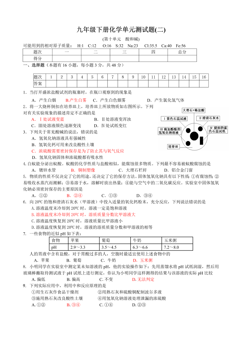 九年级化学下册同步检测（人教版）第10单元+酸和碱+单元测试题