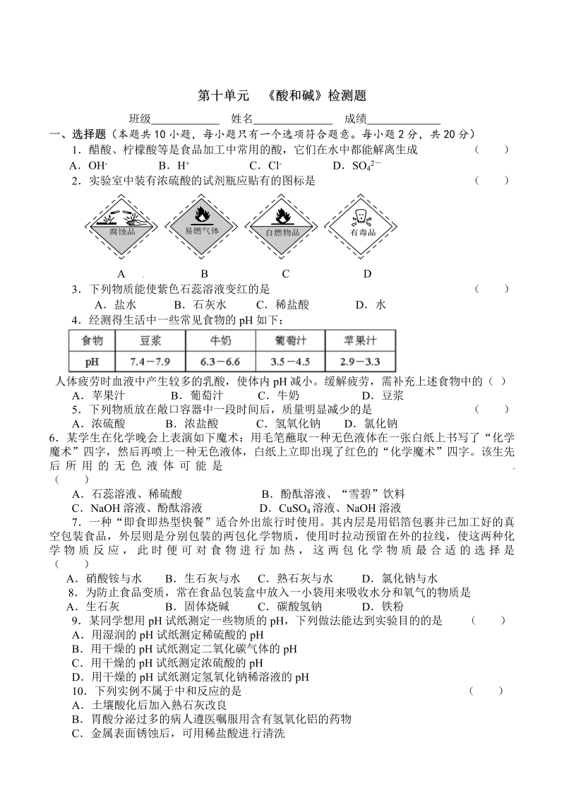 九年级化学下册同步检测（人教版）第十单元  《酸和碱》检测题