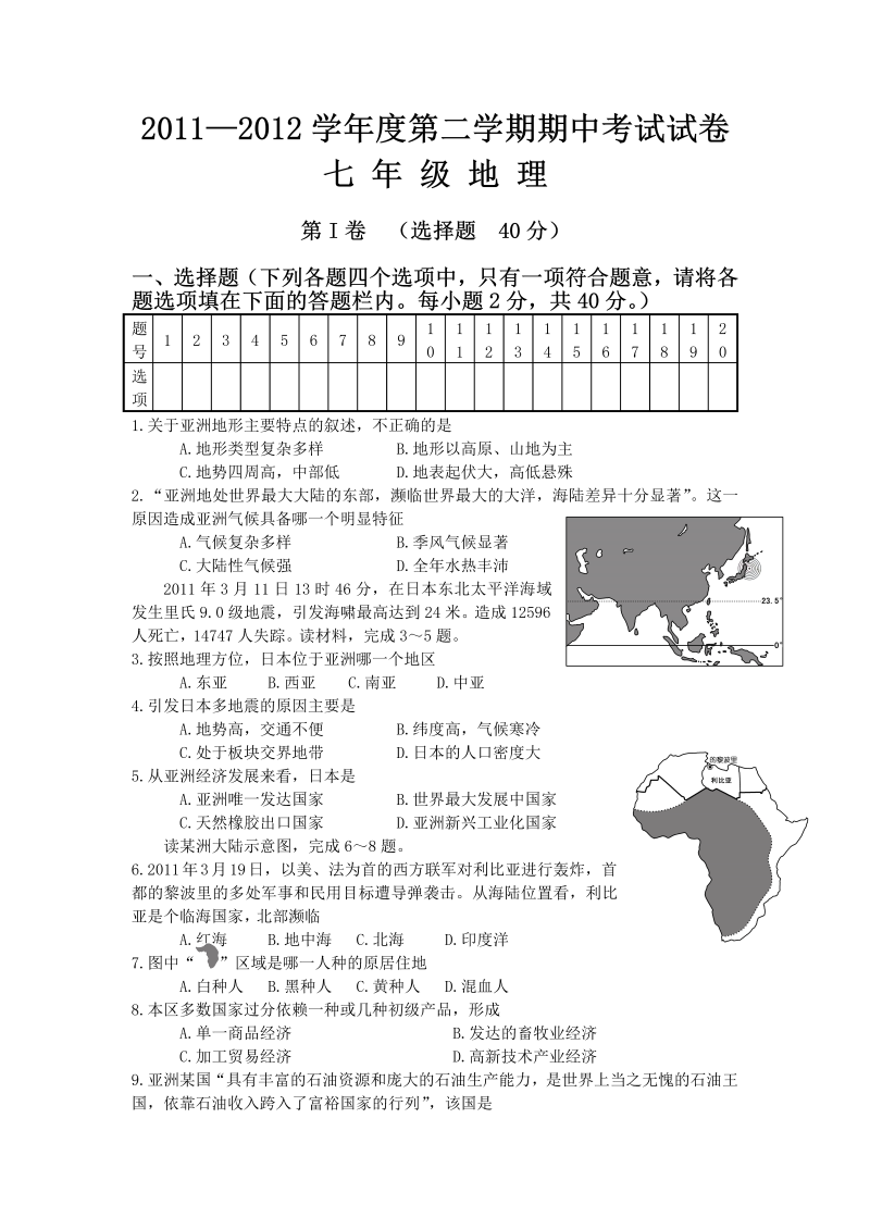 七年级地理下册第二学期期中考试试卷七  级 地 理 （附参考答案