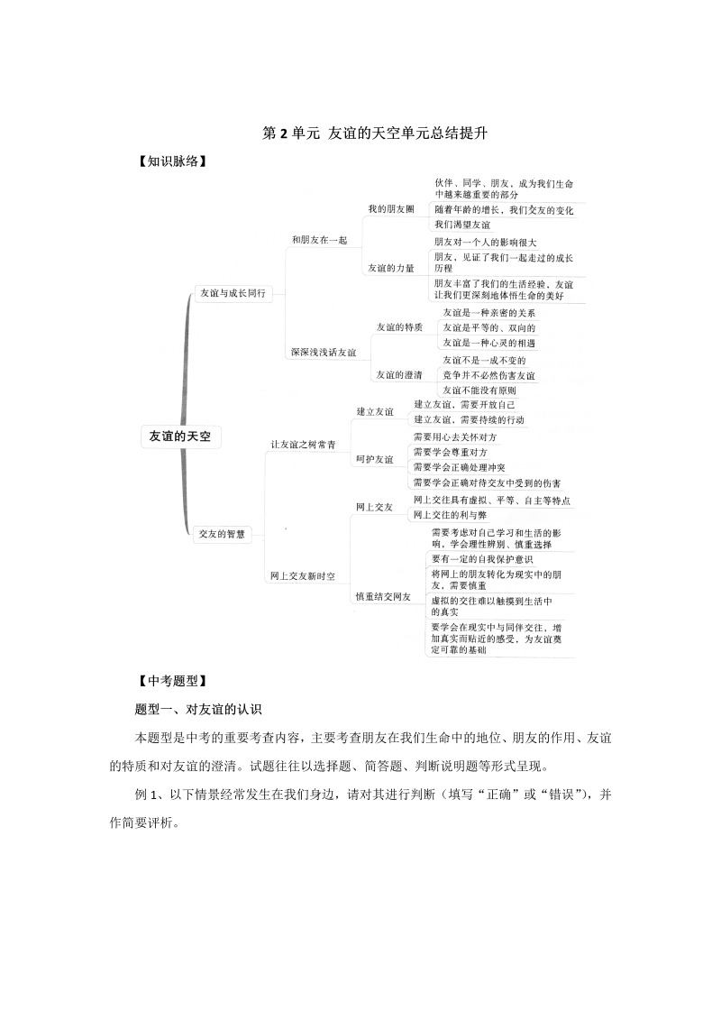 七年级《道德与法治》上册（人教版）单元复习总结：第2单元友谊的天空