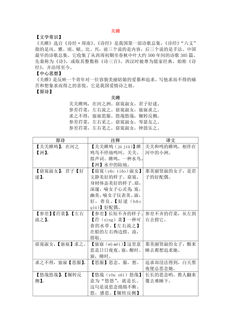 八年级语文下册12诗经《关雎》中考知识点全扫描