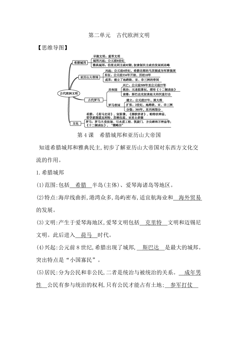 九年级历史上册知识点第二单元　古代欧洲文明