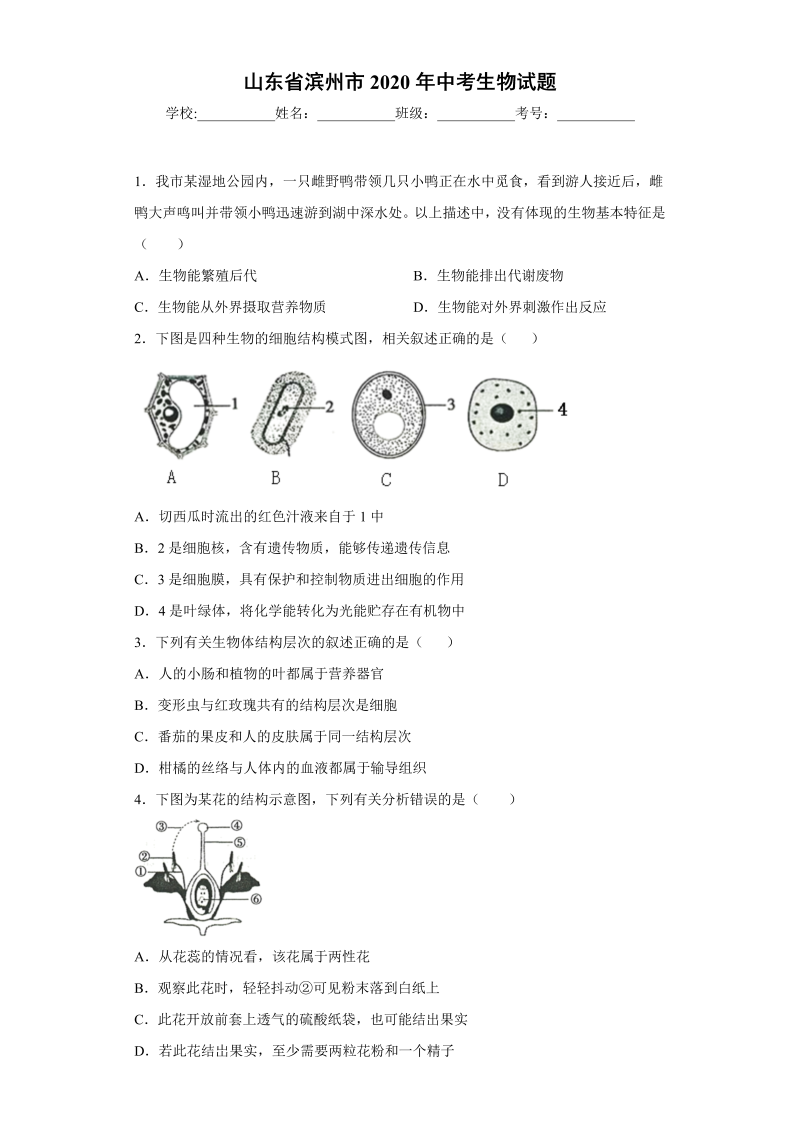 中考生物山东省滨州市试题