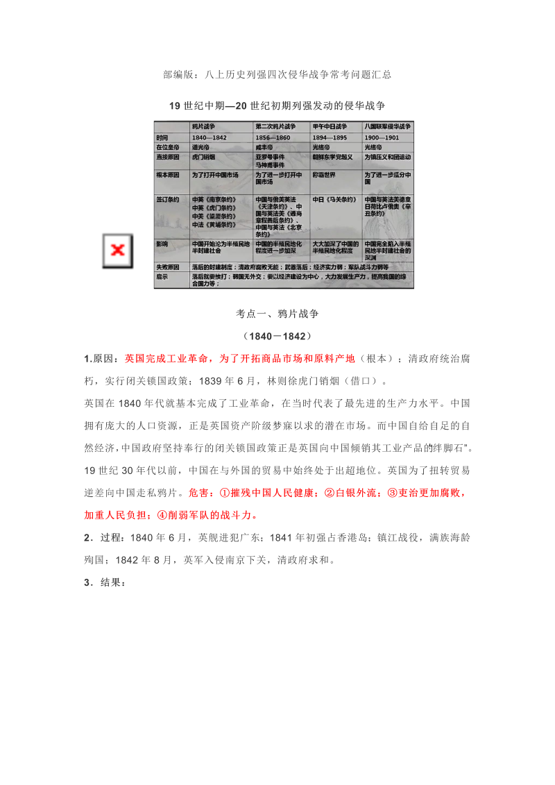 八年级上册：历史列强四次侵华战争常考问题汇总