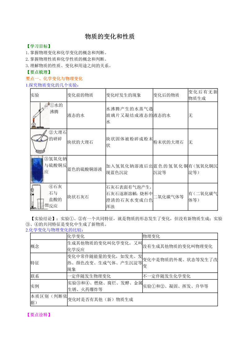 九年级化学上册01物质的变化和性质 知识讲解