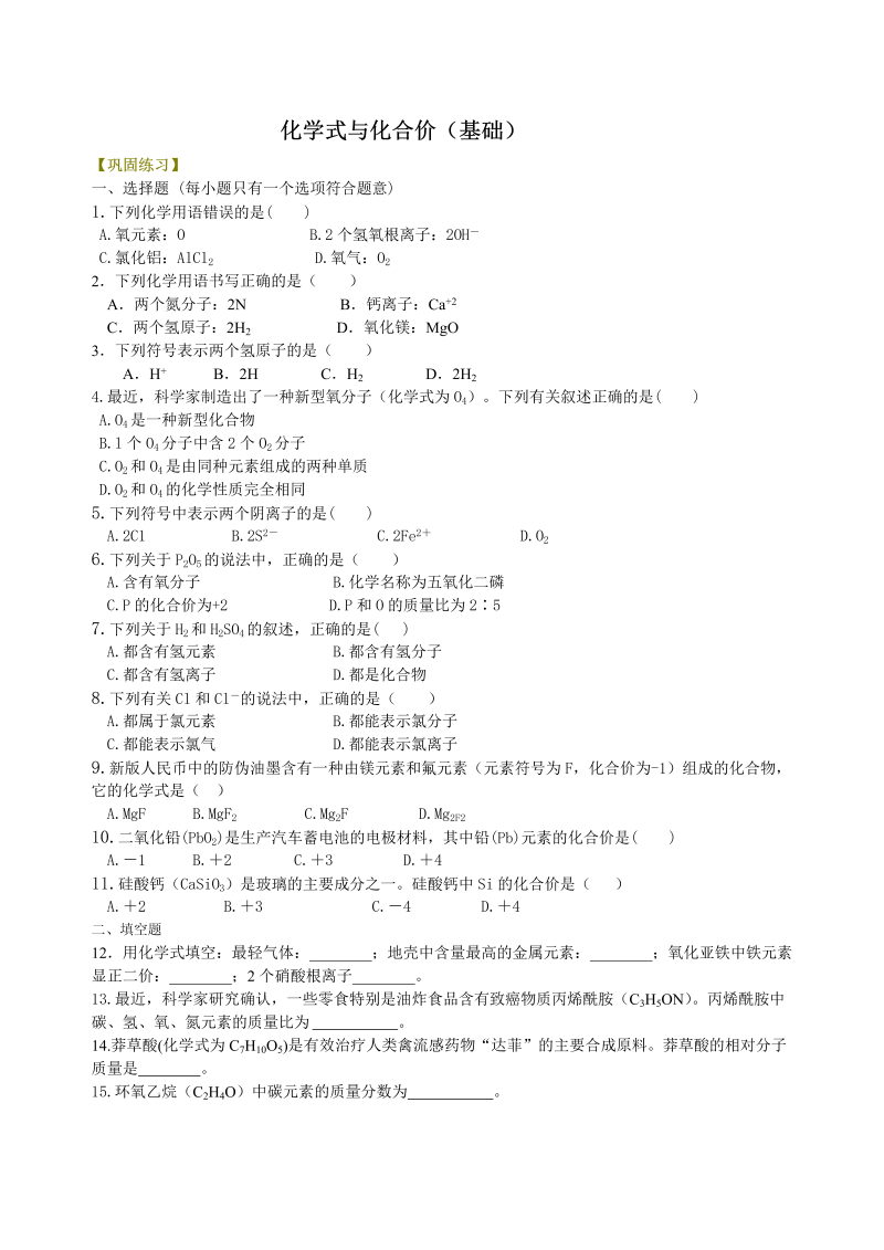 九年级化学上册20（）化学式与化合价（基础） 巩固练习