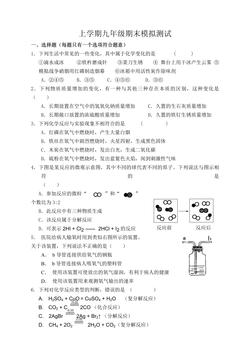 人教版九年级化学上册期末试卷5 无答案