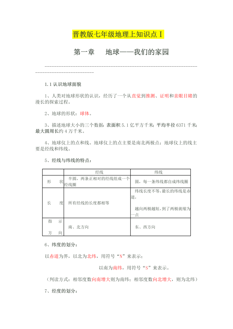 七年级地理上册：地理知识点总结（晋教版）