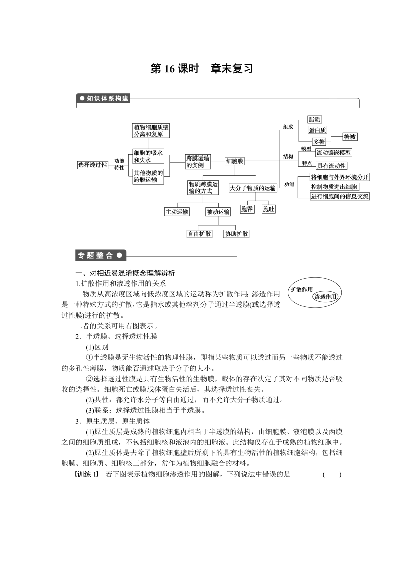 高中生物人教版必修1：第四章 细胞的物质输入和输出 章末复习 word版含解析