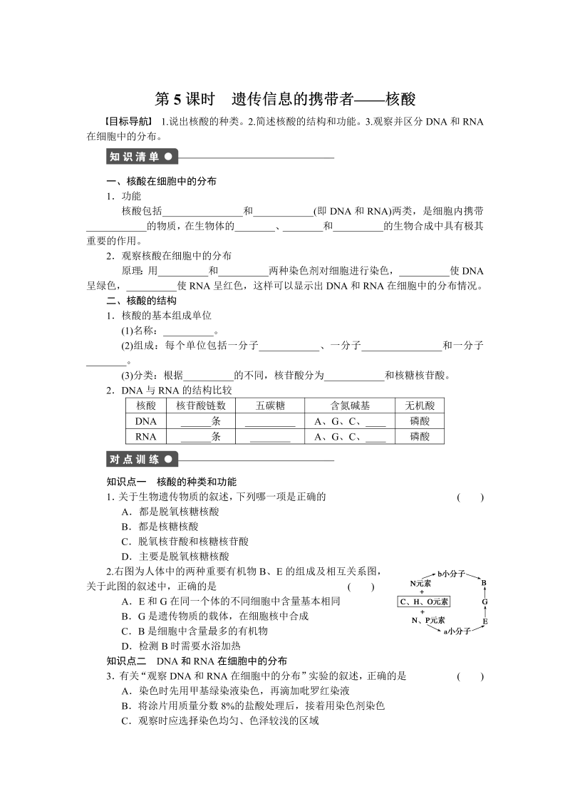 高中生物人教版必修1对点训练：2.3 遗传信息的携带者——核酸 word版含解析