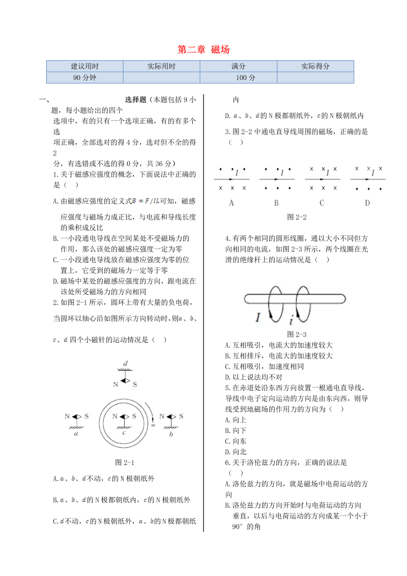 高中物理新人教版选修1-1 第二章 磁场同步检测  