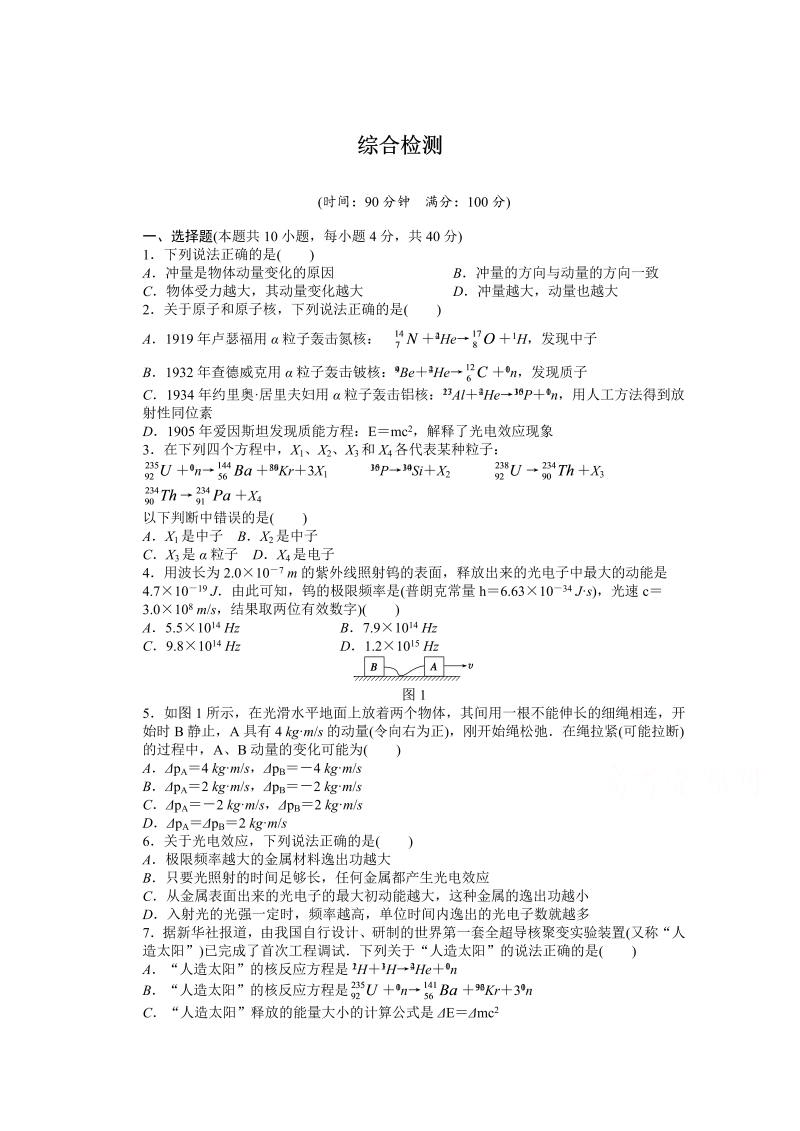 高中物理人教版选修3-5课时作业：综合检测 