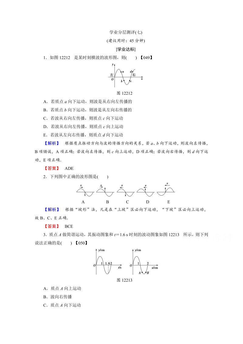 高中物理人教版选修3-4（学业分层测评）第十二章 机械波 学业分层测评7 word版含答案 