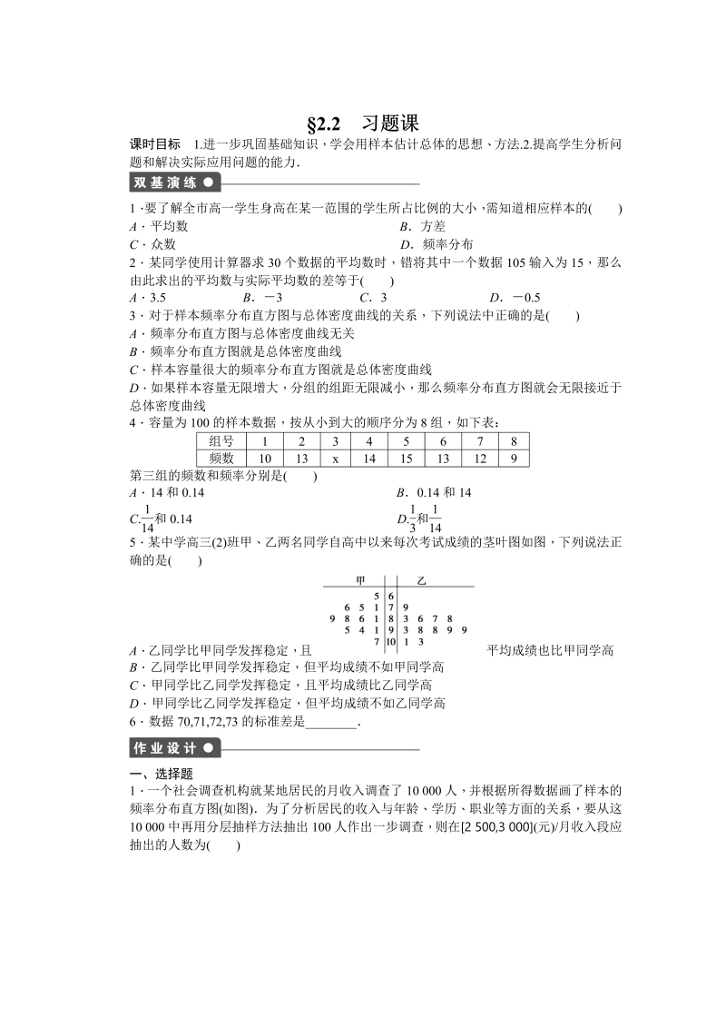 高中数学（人教版A版必修三）配套课时作业：第二章 统计 §2.2 习题课 Word版含答案