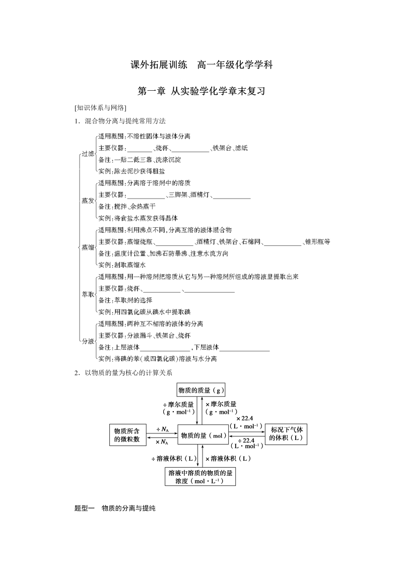 高中化学必修一：1课外拓展训练2 word版含答案