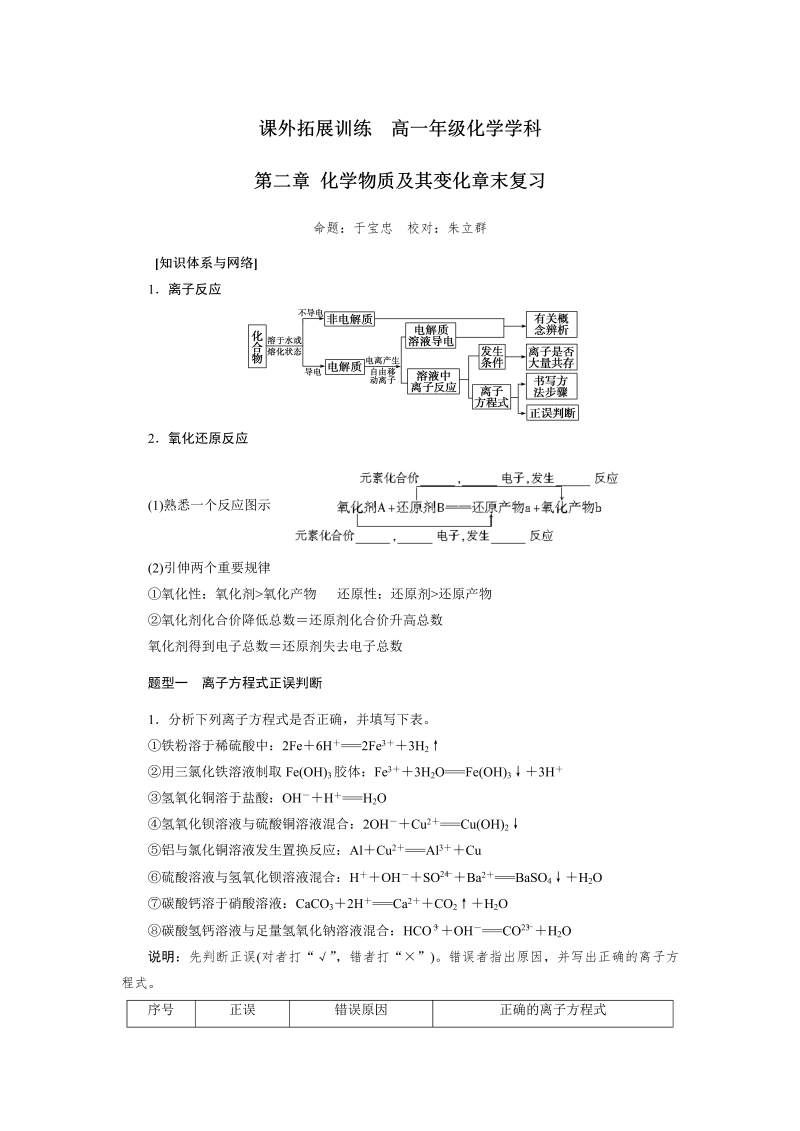 高中化学必修一：2复习课外拓展训练 word版含答案