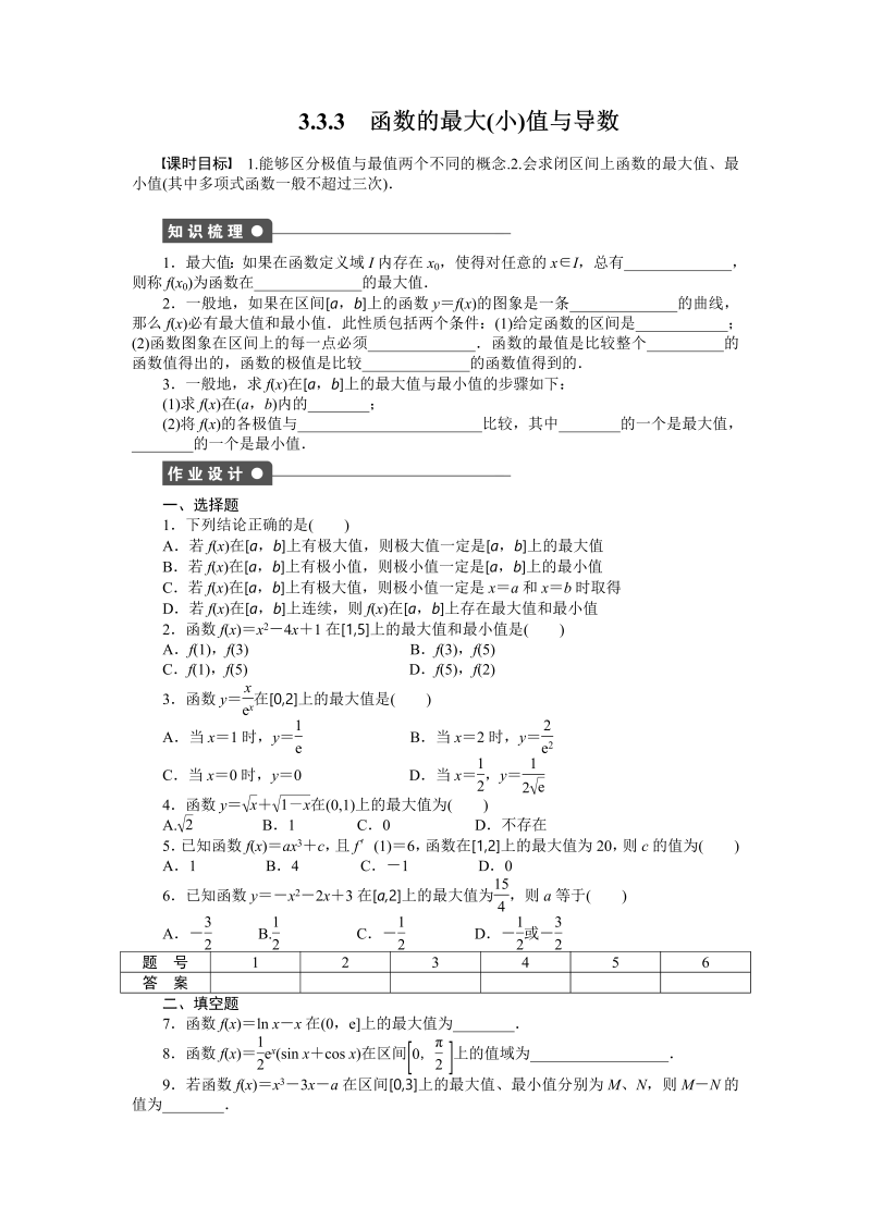 高中数学人教a版【选修1-1】作业：3.3.3函数的最大(小)值与导数（含答案）