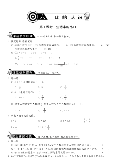 六年级数学上册  6.1生活中的比（1）课课练（北师大版）