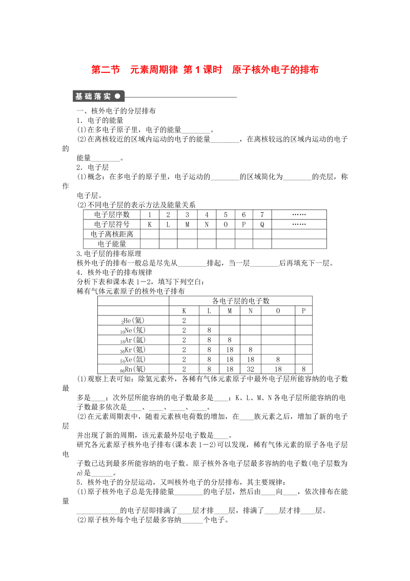 高中化学：课后作业 人教版必修二 第一章 第二节 第1课时 原子核外电子的排布课后作业 