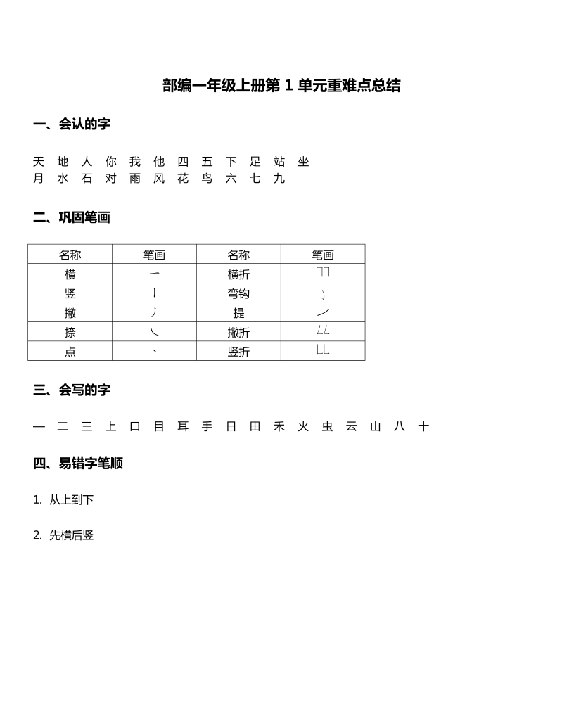 一年级语文上册   -第1单元重难点知识总结 （部编版）