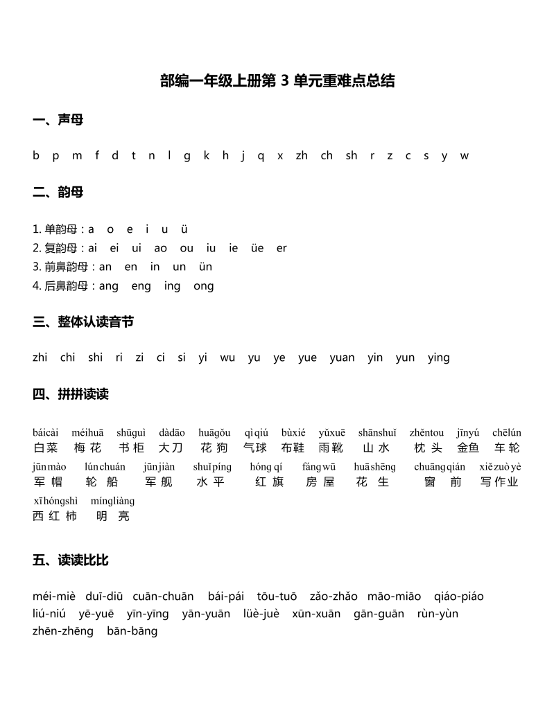 一年级语文上册   -第3单元重难点知识总结 （部编版）