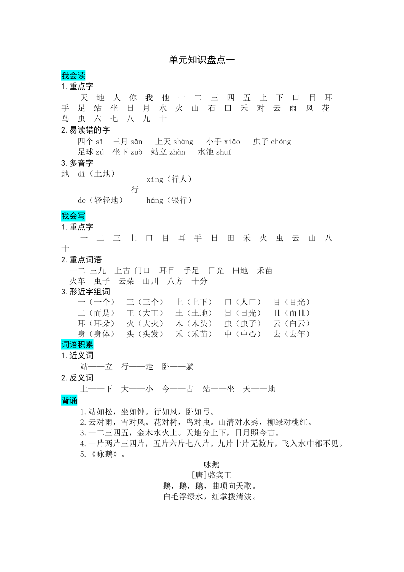 一年级语文上册   第单元知识盘点（部编版）