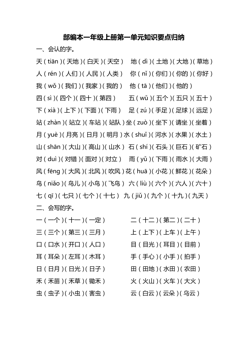 一年级语文上册  第单元知识要点归纳（部编版）