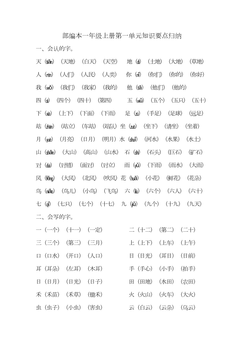一年级语文上册  第单元知识要点归纳（部编版）