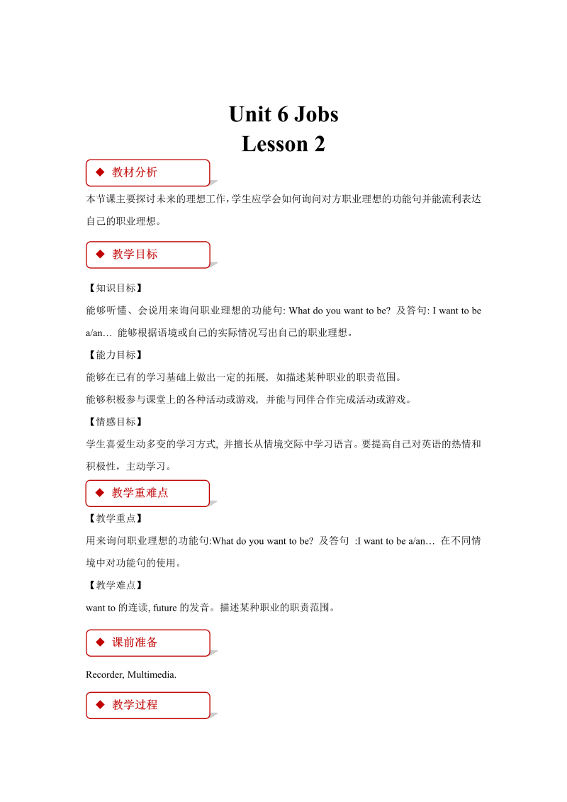 四年级英语上册   Unit 6 Lesson 2 (人教版）教案（人教版一起点）